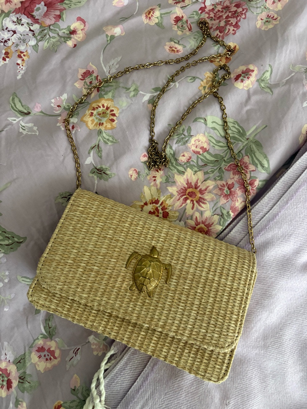 Lisi Lerch Woven Straw Crossbody Bag with Gold Turtle Accent